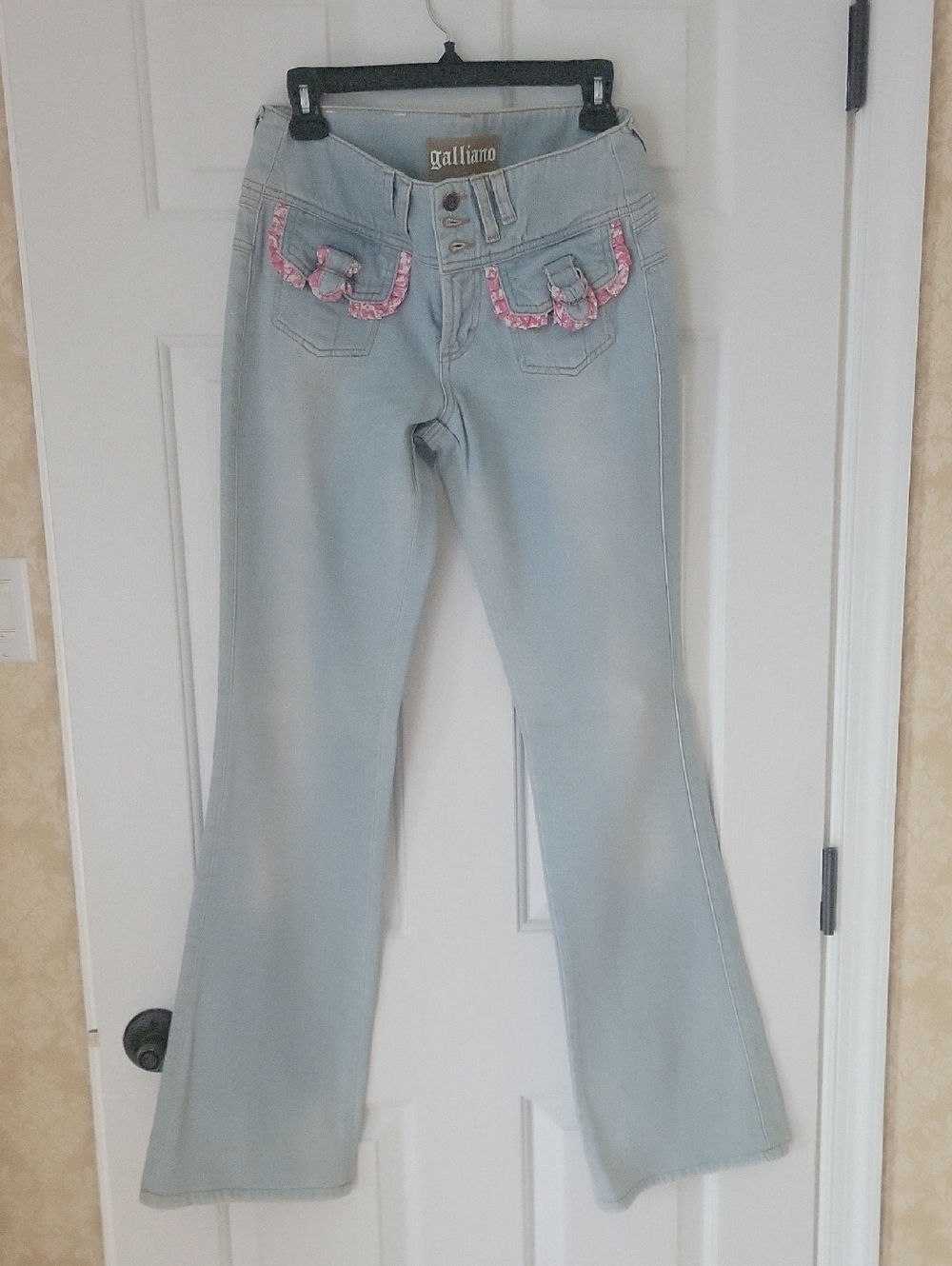 Vintage John Galliano Light Blue Slim Fit  Flare Jeans with Pink Ruffle Pockets